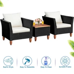 Costway 3 PCS Outdoor Patio Rattan Bistro Furniture Set Wooden Table Top Cushioned Sofa Black Brown -Costway GUEST 7f428c1b 9c24 41d8 bbbf 9ce5d3dc93c5