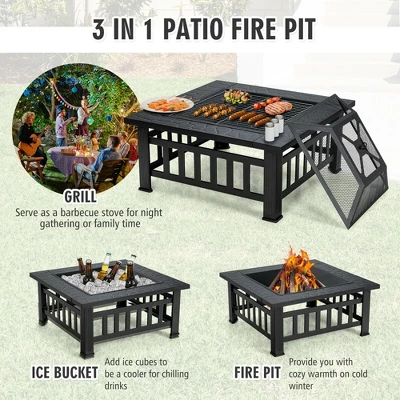 Costway 32'' 3 In 1 Outdoor Square Fire Pit Table W/ BBQ Grill, Rain Cover For Camping 5 Costway 32'' 3 In 1 Outdoor Square Fire Pit Table W/ BBQ Grill, Rain Cover For Camping - Image 5