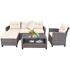 Costway 4PCS Patio Rattan Furniture Set Sofa Ottoman Cushion Garden Deck White/Gray -Costway GUEST 80e7f20e 91fc 4898 8755 91af6ba2ea35