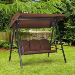 Costway Outdoor 3-Seat Porch Swing With Adjust Canopy And Cushions GrayBrown -Costway GUEST 812fc27a 5e44 43d1 b79e 53b023943301