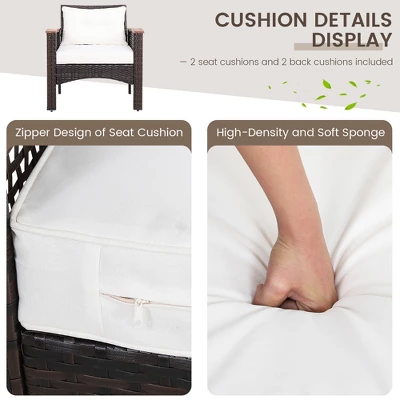 Costway 3PCS Patio Rattan Furniture Set Acacia Wood Table Top W/Shelf Cushioned 6 Costway 3PCS Patio Rattan Furniture Set Acacia Wood Table Top W/Shelf Cushioned - Image 6