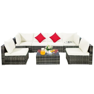 Costway 7PCS Patio Rattan Furniture Set Sectional Sofa Garden White Cushion 2 Costway 7PCS Patio Rattan Furniture Set Sectional Sofa Garden White Cushion - Image 2
