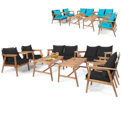 Costway 8PCS Patio Rattan Furniture Set Wooden Cushioned Sofa With Black & Turquoise Cover 1 Costway 8PCS Patio Rattan Furniture Set Wooden Cushioned Sofa With Black & Turquoise Cover