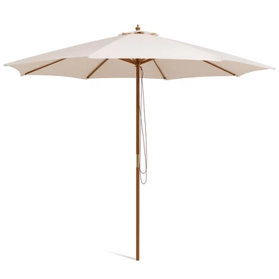 10FT Patio Wooden Market Table Umbrella Pulley W/8 Bamboo Ribs Sunshade Canopy 9 10FT Patio Wooden Market Table Umbrella Pulley W/8 Bamboo Ribs Sunshade Canopy - Image 9