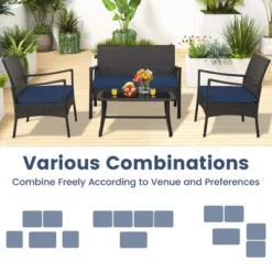 Costway 4PCS Patio Rattan Wicker Furniture Set Cushioned Sofa Armrest Coffee Table Navy