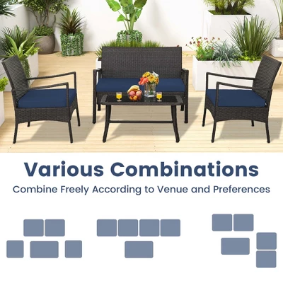 Costway 4PCS Patio Rattan Wicker Furniture Set Cushioned Sofa Armrest Coffee Table Navy 1 Costway 4PCS Patio Rattan Wicker Furniture Set Cushioned Sofa Armrest Coffee Table Navy