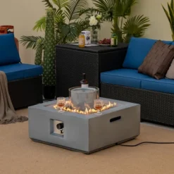 Costway 28'' Patio Fountain Fire Pit Table 50,000 BTU Square Propane Fire Pit WithPVC Cover