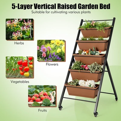 Costway 5-Tier Vertical Raised Garden Bed Elevated Planter With Wheels & Container Boxes Brown 5 Costway 5-Tier Vertical Raised Garden Bed Elevated Planter With Wheels & Container Boxes Brown - Image 5