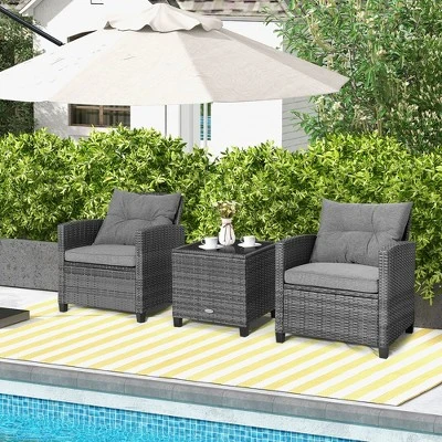 Costway 3PCS Patio Rattan Furniture Bistro Set Cushioned Sofas Side Table Armrest Grey 2 Costway 3PCS Patio Rattan Furniture Bistro Set Cushioned Sofas Side Table Armrest Grey - Image 2