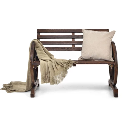 Costway Outdoor Wooden Wagon Wheel Garden Bench 2-Person Slatted Seat Armrests Rustic 9 Costway Outdoor Wooden Wagon Wheel Garden Bench 2-Person Slatted Seat Armrests Rustic - Image 9