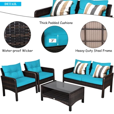 Costway 8PCS Patio Rattan Sectional Furniture Set Loveseat Sofa Coffee Table W/Turquoise Cushion 3 Costway 8PCS Patio Rattan Sectional Furniture Set Loveseat Sofa Coffee Table W/Turquoise Cushion - Image 3