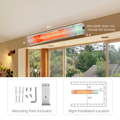 Costway Wall-Mounted Patio Heater 750W/1500W Infrared Heater With 9-Level Adjustable 24H Timer & Remote Control Silver 3 Costway Wall-Mounted Patio Heater 750W/1500W Infrared Heater With 9-Level Adjustable 24H Timer & Remote Control Silver - Image 3