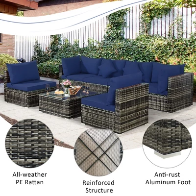 Costway 7PCS Patio Rattan Furniture Set Sectional Sofa Garden Navy Cushion 7 Costway 7PCS Patio Rattan Furniture Set Sectional Sofa Garden Navy Cushion - Image 7