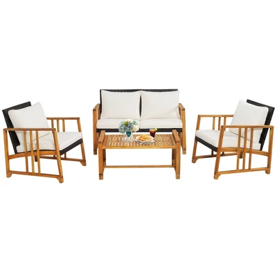 Costway 4PCS Patio Mix Brown Wicker Sofa Set Acacia Wood Frame With Seat & Back Cushions 3 Costway 4PCS Patio Mix Brown Wicker Sofa Set Acacia Wood Frame With Seat & Back Cushions - Image 3