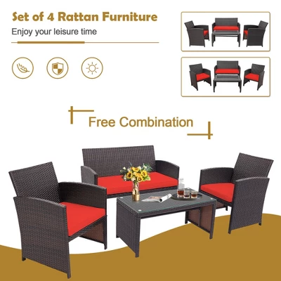 Costway 8PCS Patio Rattan Furniture Set Cushioned Chair Sofa Coffee Table WhiteNavyTurquoiseRed 4 Costway 8PCS Patio Rattan Furniture Set Cushioned Chair Sofa Coffee Table WhiteNavyTurquoiseRed - Image 4