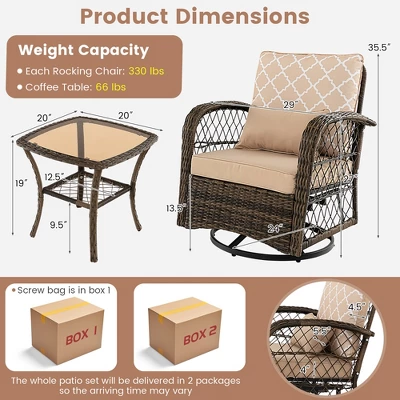 Costway Patio 3PCS Wicker Swivel Rocker Set 2 Rocking Chairs 360 Degrees With Coffee Table 2 Costway Patio 3PCS Wicker Swivel Rocker Set 2 Rocking Chairs 360 Degrees With Coffee Table - Image 2