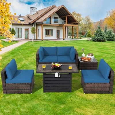 Costway 6PCS Patio Rattan Furniture Set 42'' Fire Pit Table Cover Sofa Cushion Off White/Black/Navy/Red/Turquoise 11 Costway 6PCS Patio Rattan Furniture Set 42'' Fire Pit Table Cover Sofa Cushion Off White/Black/Navy/Red/Turquoise - Image 11
