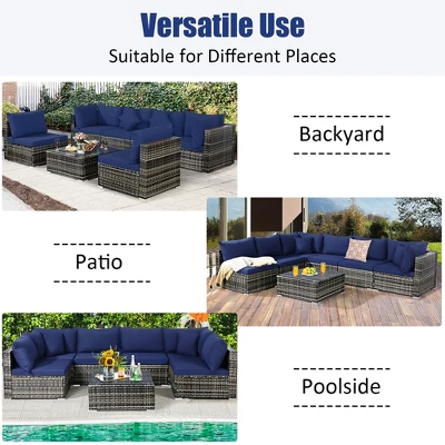 Costway 7PCS Patio Rattan Furniture Set Sectional Sofa Garden Navy Cushion 9 Costway 7PCS Patio Rattan Furniture Set Sectional Sofa Garden Navy Cushion - Image 9