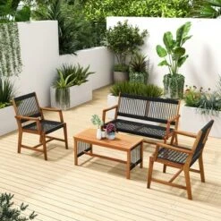 Costway Patio 4pcs Acacia Wood Conversation Table & Chair Set Hand-Woven Rope Outdoor -Costway GUEST 88a0b515 139f 4e44 b0bc 581f74aa7cca