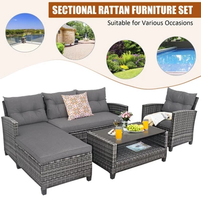 Costway 4PCS Patio Rattan Furniture Set Cushioned Loveseat Table Shelf Gray 8 Costway 4PCS Patio Rattan Furniture Set Cushioned Loveseat Table Shelf Gray - Image 8