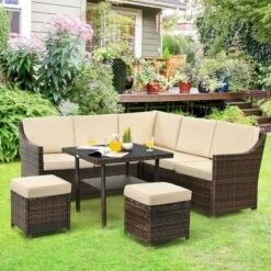 Costway 6PCS Patio Rattan Dining Sofa Furniture Set Ottoman Table Lower Shelf
