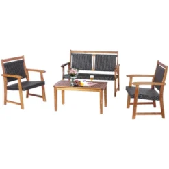 Costway 4 PCS Patio Rattan Furniture Set Acacia Wood Frame Sofa Loveseat Garden -Costway GUEST 8a826170 f03f 471c 9993 eb14a0a091cd