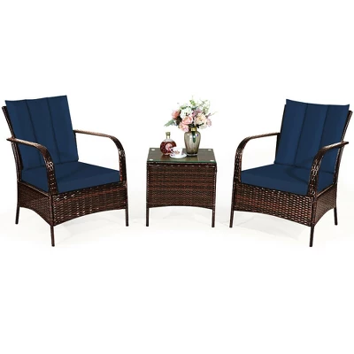 Costway 3 PCS Patio Rattan Furniture Set Coffee Table & 2 Rattan Chair W/Navy Cushions 4 Costway 3 PCS Patio Rattan Furniture Set Coffee Table & 2 Rattan Chair W/Navy Cushions - Image 4
