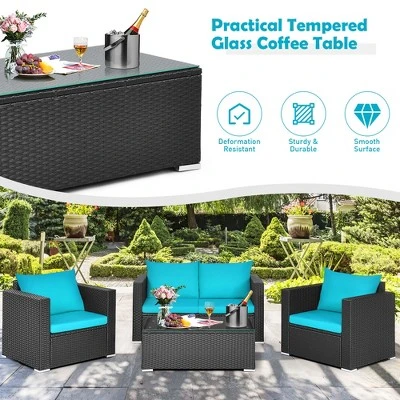 Costway 4PCS Patio Rattan Cushioned Sofa Chair Coffee Table Turquoise 4 Costway 4PCS Patio Rattan Cushioned Sofa Chair Coffee Table Turquoise - Image 4