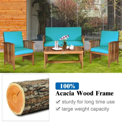 Costway 4PCS Patio Solid Wood Furniture Set Conversation Coffee Table TurquoiseBlack Cushion 6 Costway 4PCS Patio Solid Wood Furniture Set Conversation Coffee Table TurquoiseBlack Cushion - Image 6
