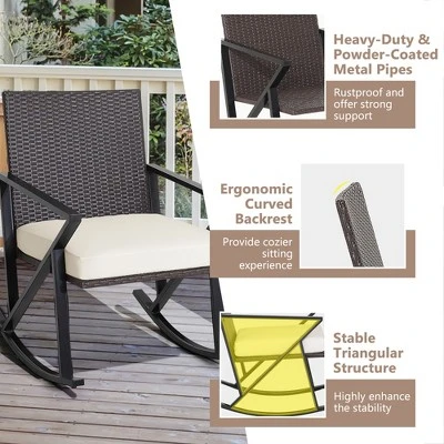 Costway 3PCS Patio Rattan Wicker Rocking Chairs Table Bistro Set Cushioned Rocker Garden 7 Costway 3PCS Patio Rattan Wicker Rocking Chairs Table Bistro Set Cushioned Rocker Garden - Image 7