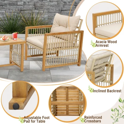 Costway 3PCS Patio PE Wicker Conversation Set Acacia Wood Frame WithSeat & Back Cushions 4 Costway 3PCS Patio PE Wicker Conversation Set Acacia Wood Frame WithSeat & Back Cushions - Image 4