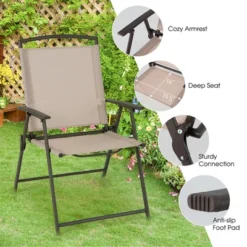 Costway 2 Pcs Patio Folding Sling Dining Chairs Armrests Steel Frame Outdoor Beige/Grey -Costway GUEST 8bc25b63 e80c 4176 aa1a 6a87406844ea
