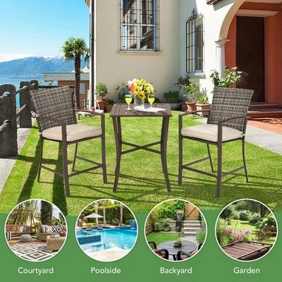 Costway 3PCS Patio Rattan Bar Furniture Set Slat Table 2 Cushioned Stools Poolside Brown 3 Costway 3PCS Patio Rattan Bar Furniture Set Slat Table 2 Cushioned Stools Poolside Brown - Image 3