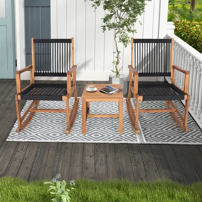 Costway 3pcs Patio Acacia Wood Bistro Table Rocking Chair Set All-Weather Rope Outdoor 8 Costway 3pcs Patio Acacia Wood Bistro Table Rocking Chair Set All-Weather Rope Outdoor - Image 8