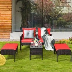Costway 5 PCS Patio Rattan Furniture Set Sofa Ottoman Table W/Cushion Garden Red -Costway GUEST 8d792c03 6913 4e4b 9dae 396f84f68861