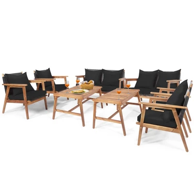 Costway 8PCS Patio Rattan Furniture Set Wooden Cushioned Sofa With Black & Turquoise Cover 9 Costway 8PCS Patio Rattan Furniture Set Wooden Cushioned Sofa With Black & Turquoise Cover - Image 9
