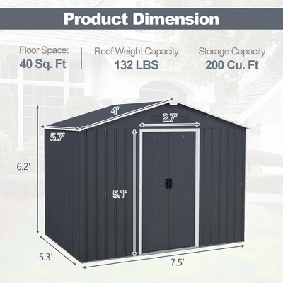 Costway 5.7 FT X 7.5 FT Outside Storage Shed Double Door Outdoor Tool House WithAir Window 2 Costway 5.7 FT X 7.5 FT Outside Storage Shed Double Door Outdoor Tool House WithAir Window - Image 2