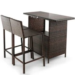 Costway Patio 3PCS Wicker Bar Set Height Table Two Stools With 3 Rows Stemware Racks Garden -Costway GUEST 8ea69f34 2a3b 420a bc9e 4104e6b5588a