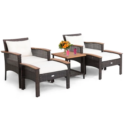 Costway 5PCS Patio Rattan Furniture Set Acacia Wood Table Armrest Cushion Yard 2 Costway 5PCS Patio Rattan Furniture Set Acacia Wood Table Armrest Cushion Yard - Image 2