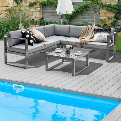 Costway 4PCS Patio Furniture Set Aluminum Frame Loveseat Coffee Table Cushions Deck Grey 1 Costway 4PCS Patio Furniture Set Aluminum Frame Loveseat Coffee Table Cushions Deck Grey