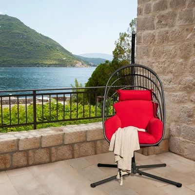 Costway Hanging Folding Egg Chair With Stand Soft Cushion Pillow Swing Hammock TurquoiseGreyRed 2 Costway Hanging Folding Egg Chair With Stand Soft Cushion Pillow Swing Hammock TurquoiseGreyRed - Image 2