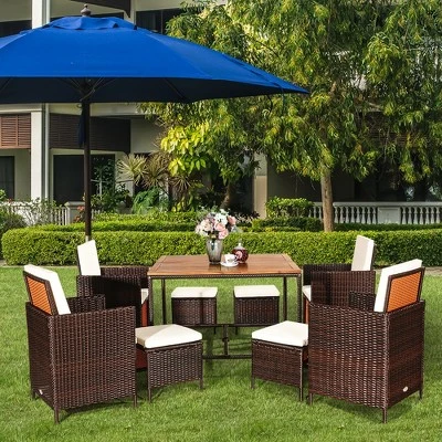 Costway 9PCS Acacia Wood Patio Rattan Dining Set Cushioned Chairs Ottoman 2 Costway 9PCS Acacia Wood Patio Rattan Dining Set Cushioned Chairs Ottoman - Image 2