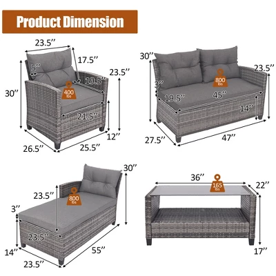 Costway 4PCS Patio Rattan Furniture Set Cushioned Loveseat Table Shelf Gray 2 Costway 4PCS Patio Rattan Furniture Set Cushioned Loveseat Table Shelf Gray - Image 2