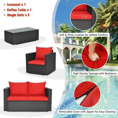 Costway 4PCS Patio Rattan Furniture Set Cushioned Sofa Chair Coffee Table Garden Red 7 Costway 4PCS Patio Rattan Furniture Set Cushioned Sofa Chair Coffee Table Garden Red - Image 7