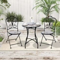 Costway 3pcs Patio Bistro Set Mosaic Pattern Heavy-Duty Metal Dining Folding Outdoor