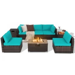 Costway 8PCS Patio Rattan Furniture Set Fire Pit Table Tank Holder Cover Deck Off White/Black/Navy/Red/Turquoise -Costway GUEST 8ff0b99b d641 4c07 b428 488e9dd1211a
