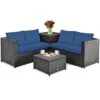 Costway 4PCS Patio Rattan Furniture Set Cushioned Loveseat Storage Table Navy