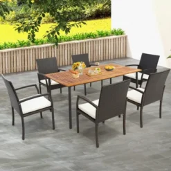 Costway Patio Rectangular Acacia Wood Dining Table With 1.9''Umbrella Hole Indoor&Outdoor