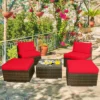 Costway 5PCS Patio Rattan Wicker Furniture Set Armless Sofa Cushioned Red/Turquoise