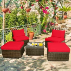 Costway 5PCS Patio Rattan Wicker Furniture Set Armless Sofa Cushioned Red/Turquoise